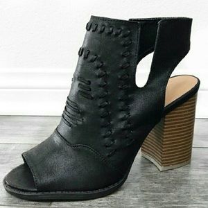 Peep toe stacked heel black booties. Size 7.5